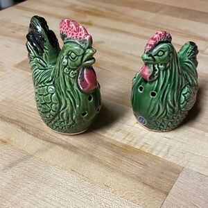 Vintage Green and Pink Rooster Salt and Pepper Shakers